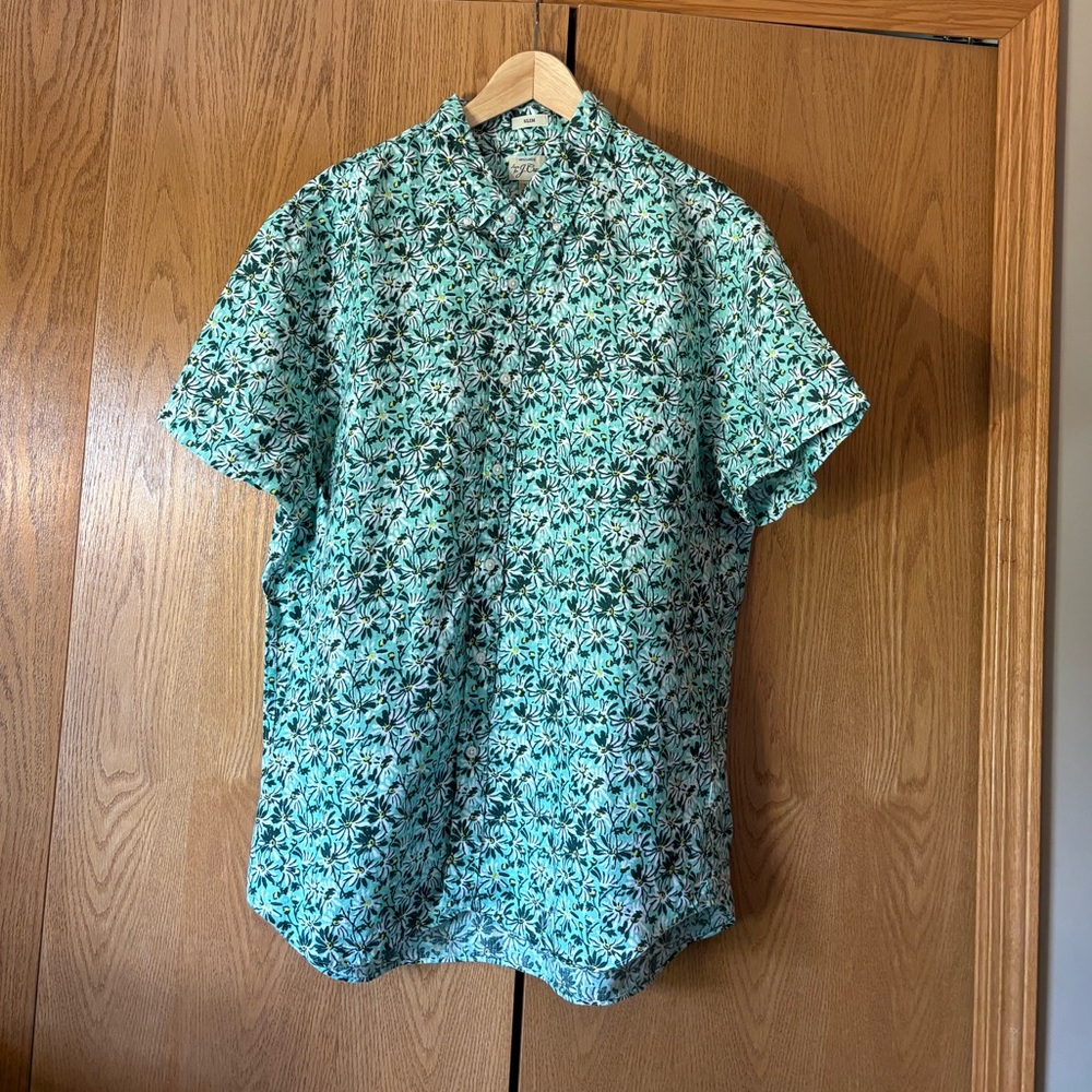 J. Crew Aqua Floral Linen Button Down Shirt